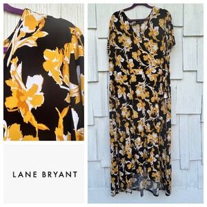 Lane Bryant Black Yellow Floral Wrap Maxi Dress Plus Size 22 24 Flutter Sleeve